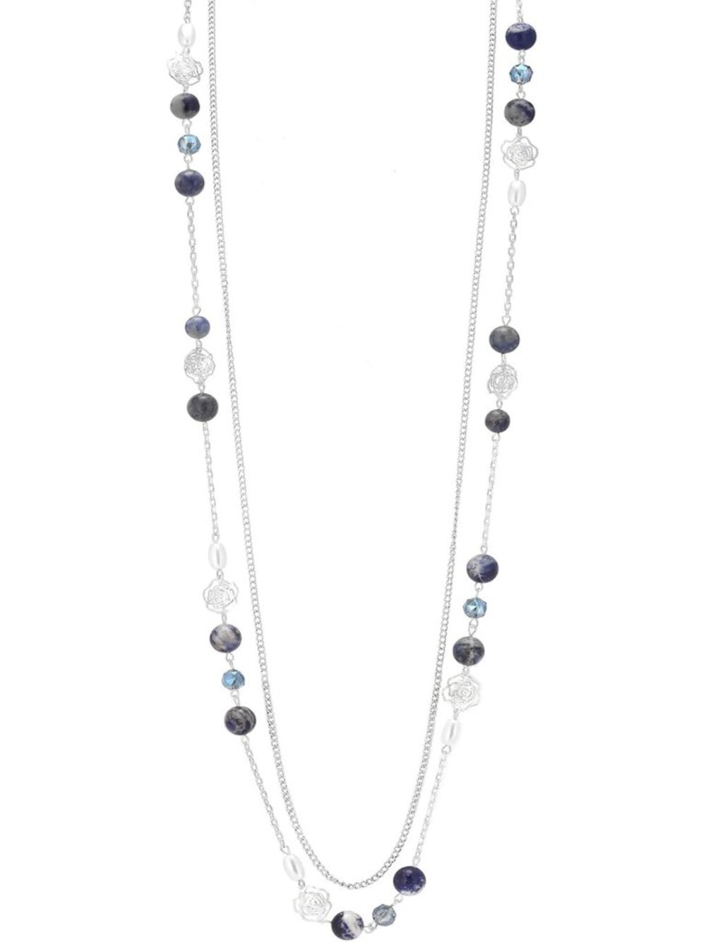 Dainty Layered Silver Necklace with Natural Stone & Flower Beads - Fashion